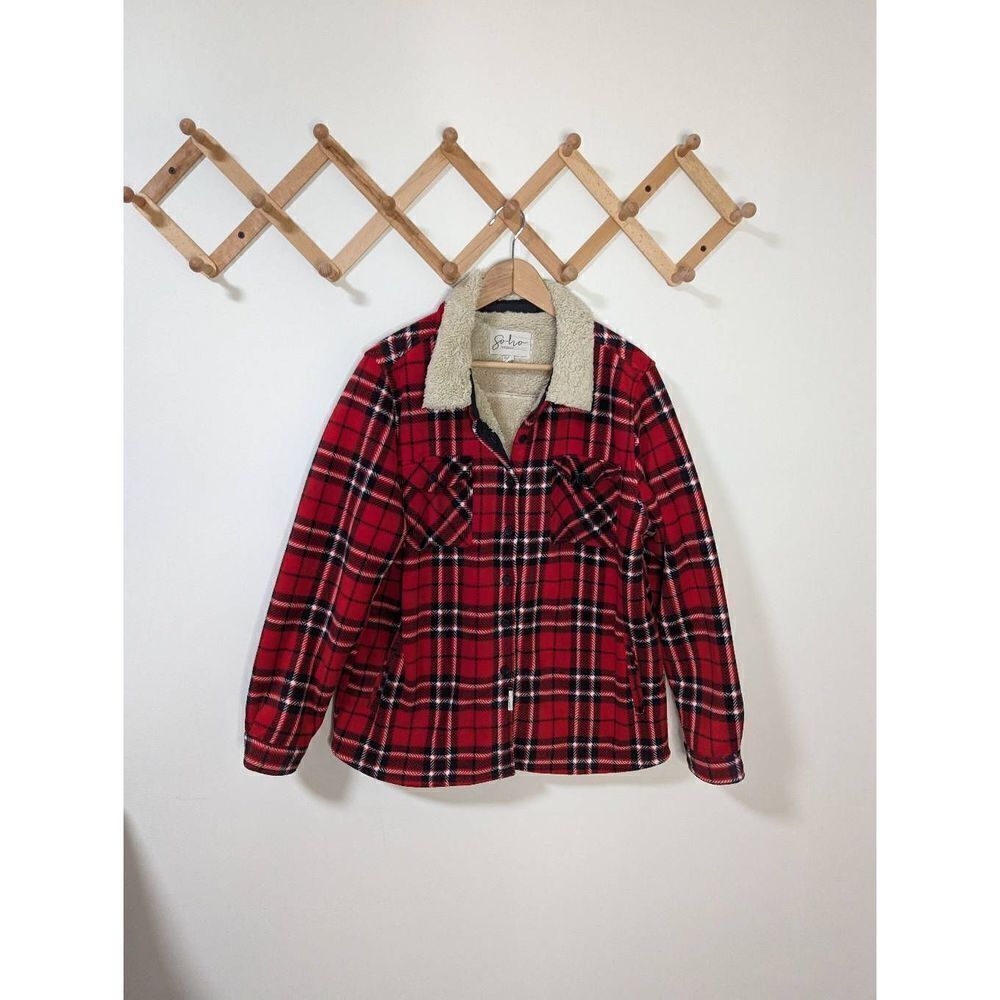 SoHo Threads Red White and Black Plaid Faux Fur Lined Fleece Button Down Jacket